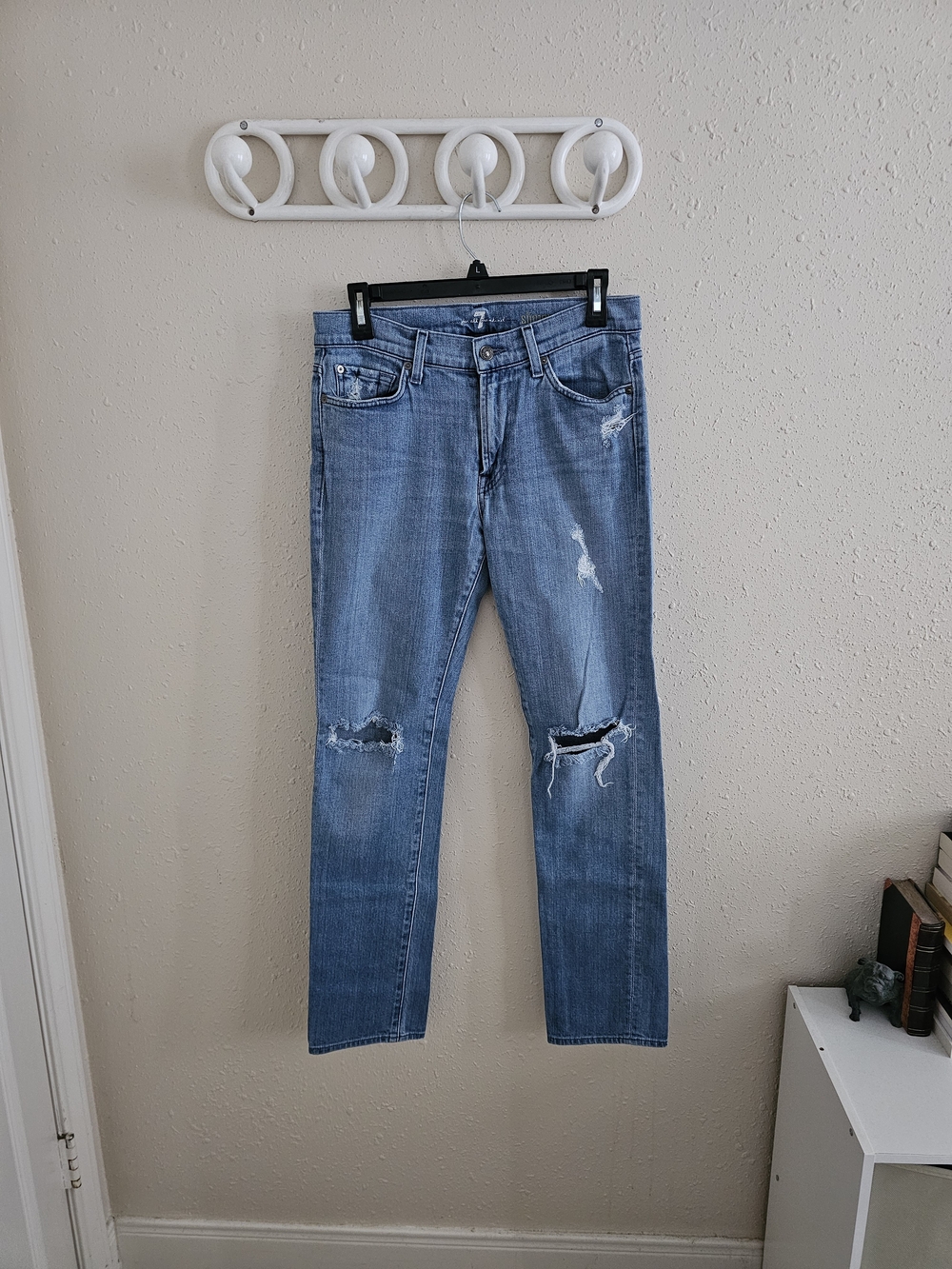 7 For All Mankind Light Blue Slim Straight Jeans with Knee Rips
